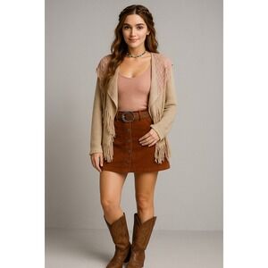 Double Zero Cardigan Womens L Western Boho Fringe Lace Rodeo Cowgirl Mixed Media